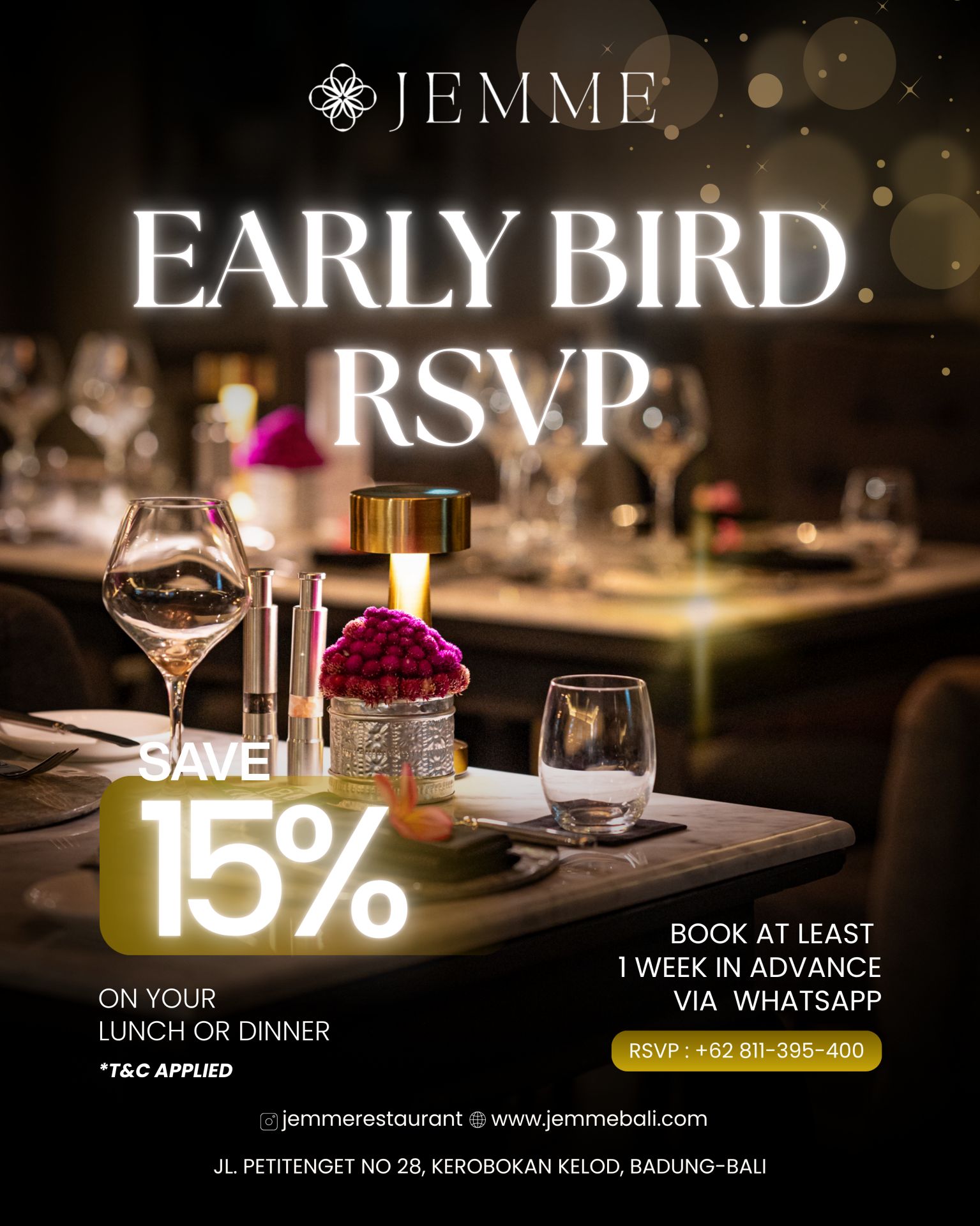 Jemme Restaurant - Early Bird RSVP - Save 15%